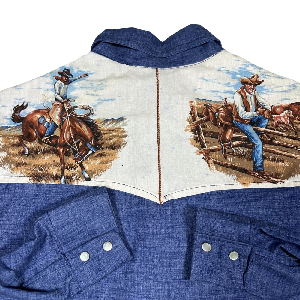 Vtg Custom Handmade Western Pearl Snap Shirt Blue Cowboy Graphic Yoke Mens L/XL